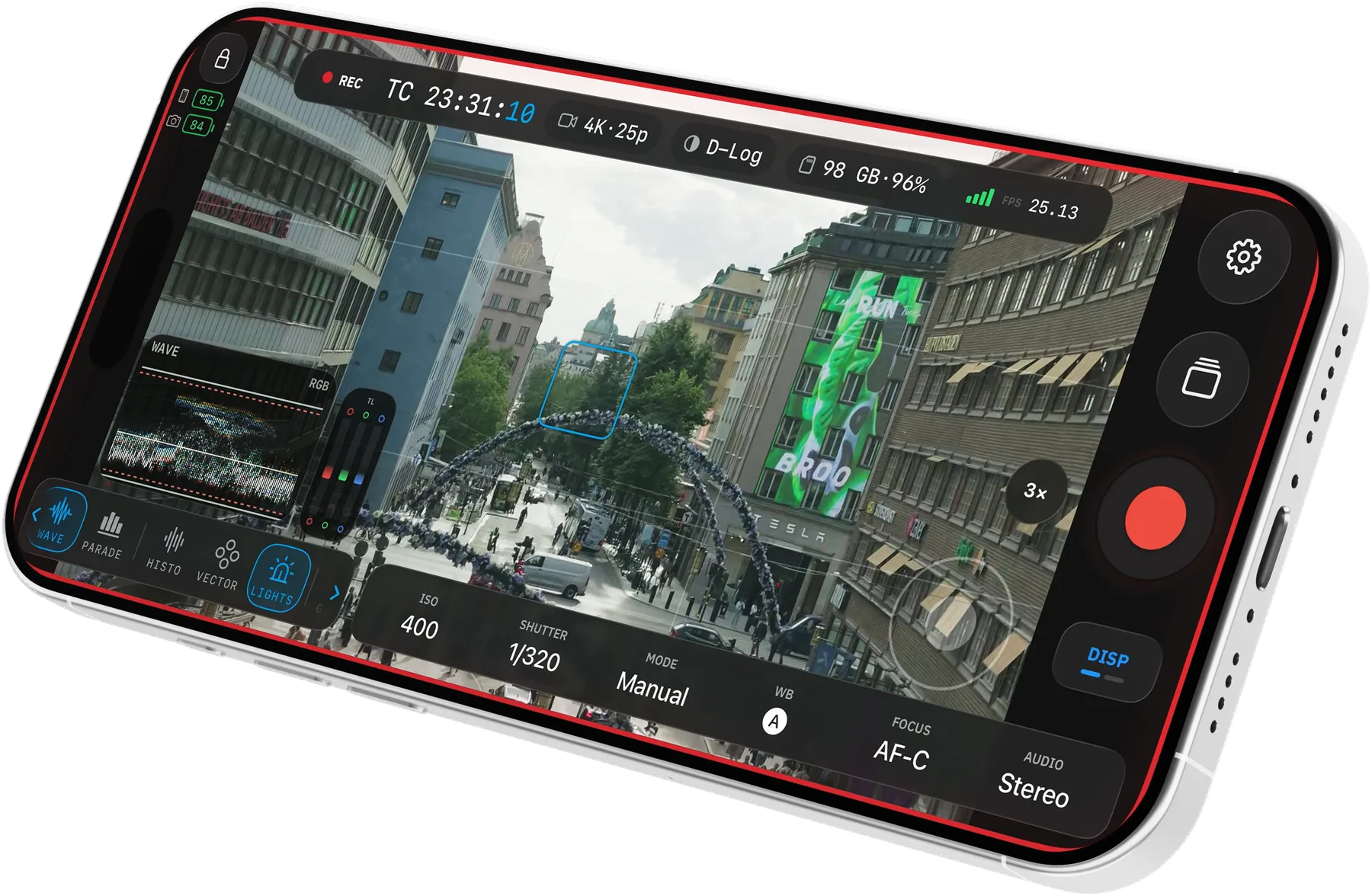 OpenPocketCine with 3x zoom, D-Log, waveform, and Traffic Lights on a city feed