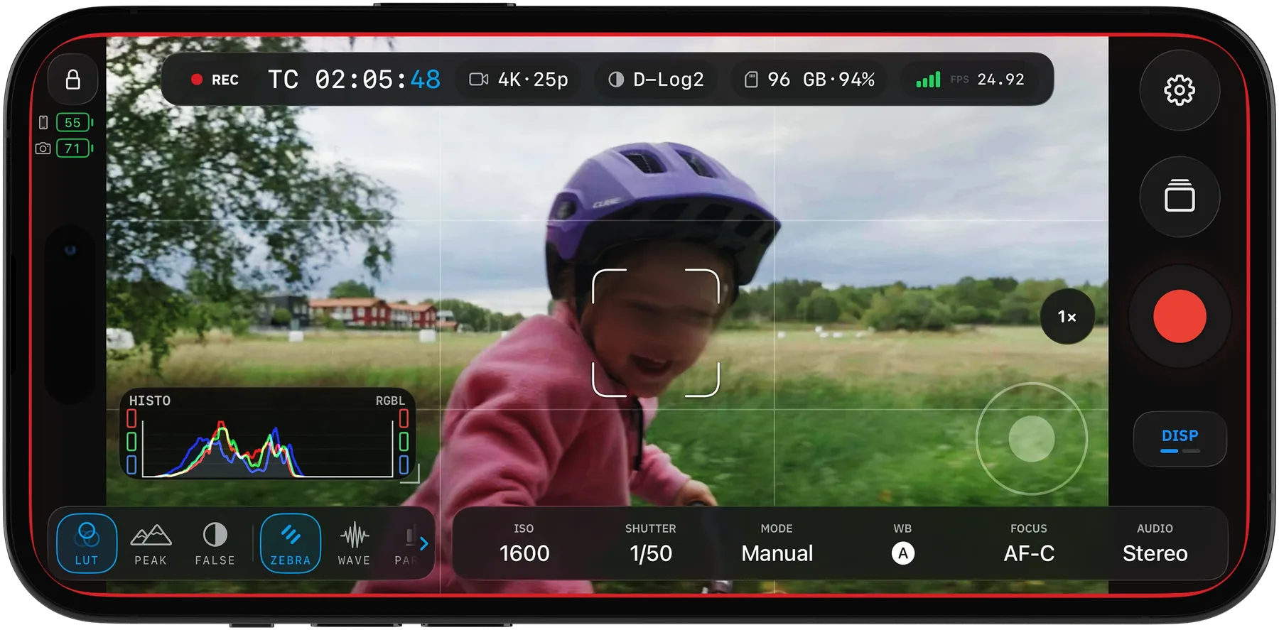OpenPocketCine on iPhone with a face-tracking box locked on a subject in the live feed