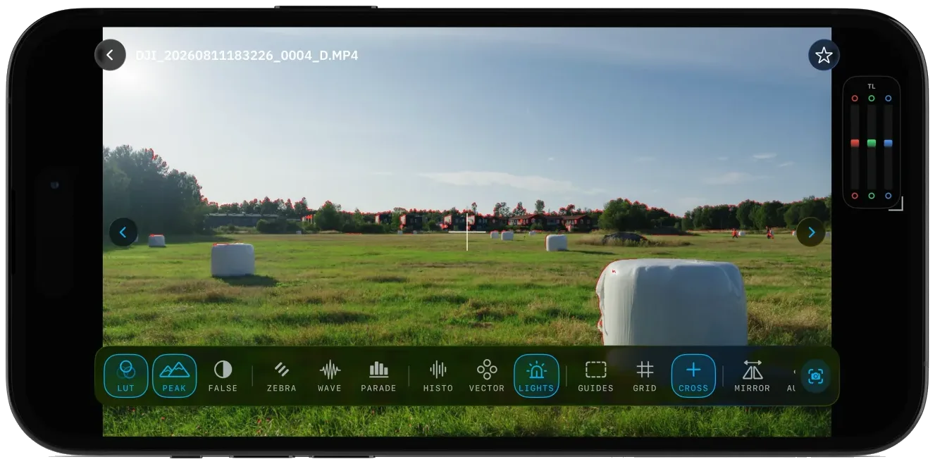 OpenPocketCine clip playback with the full assist rail: LUT, peaking, zebras, waveform, and Traffic Lights