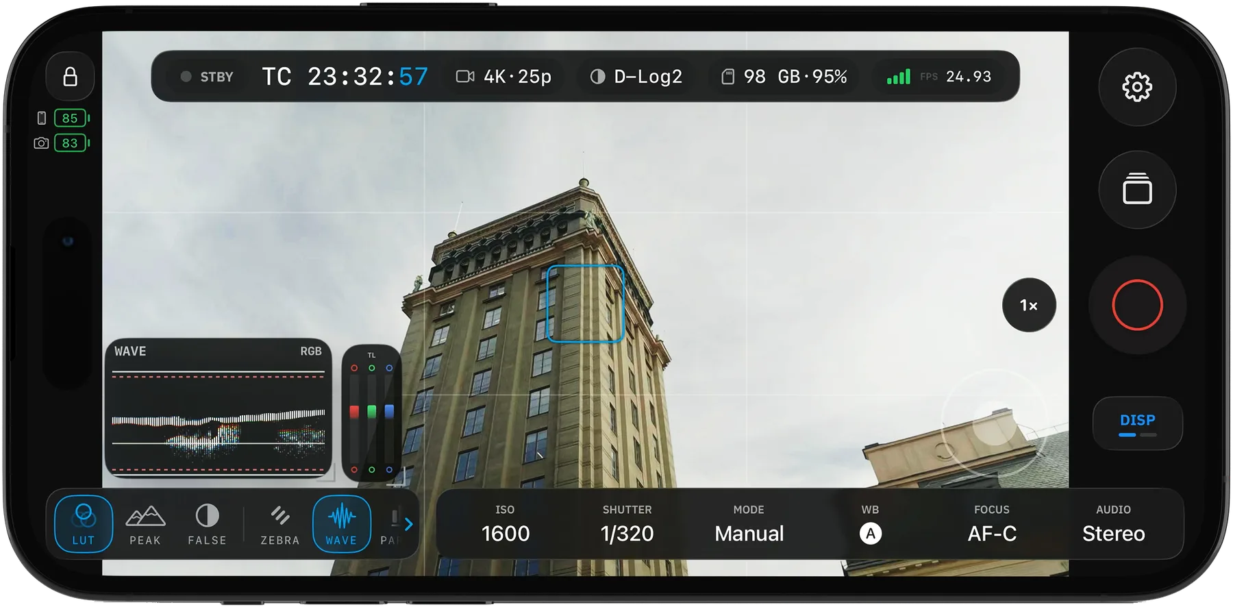 OpenPocketCine on iPhone with RGB waveform and Traffic Lights over a live D-Log 2 feed